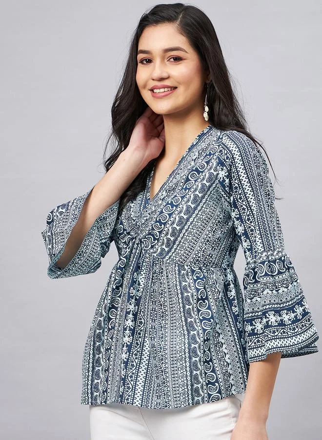 WineRed Women Navy Paisley Print Top with 3/4 Sleeve